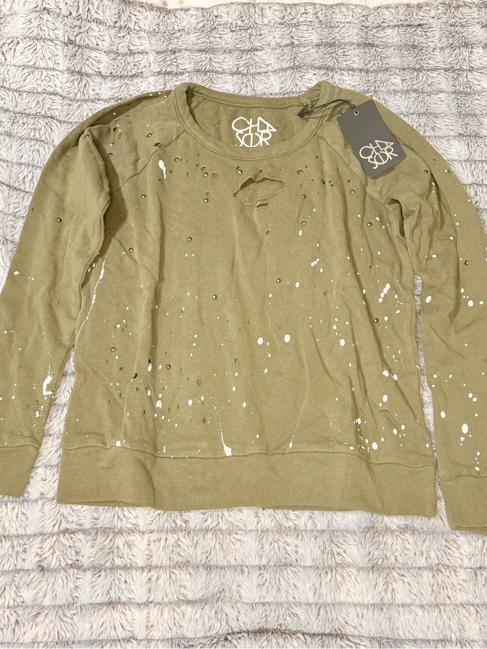 Chaser Olive Green Distressed Paint-Splatter Crew Sweatshirt